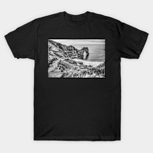 Durdle Door, Dorset, England, Black And White T-Shirt